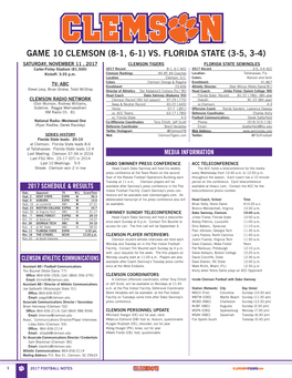 Game 10 Clemson (8-1, 6-1) Vs