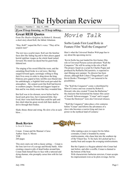 The Hyborian Review Volume 1 Number 3 July 31, 1996 If You’Ll Keep Listening, We’Ll Keep Talking