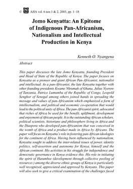 Jomo Kenyatta: an Epitome of Indigenous Pan-Africanism, Nationalism and Intellectual Production in Kenya