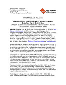 FOR IMMEDIATE RELEASE New Orchestra of Washington Marks