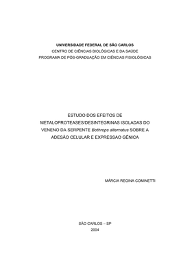 ESTUDO DOS EFEITOS DE METALOPROTEASES/DESINTEGRINAS ISOLADAS DO VENENO DA SERPENTE Bothrops Alternatus SOBRE a ADESÃO CELULAR E EXPRESSAO GÊNICA