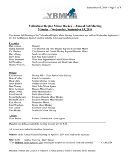 Yellowhead Region Minor Hockey – Annual Fall Meeting Minutes – Wednesday, September 03, 2014