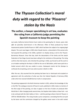 The Thyssen Collection's Moral Duty with Regard to the 'Pissarro' Stolen