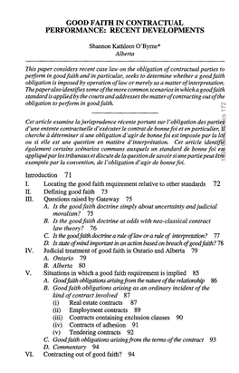 Good Faith in Contractual Performance : Recent Developments