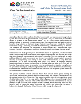 Jack's Solar Garden, LLC Jack's Solar Garden Agrivoltaic Study Water