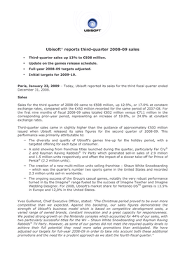 Ubisoft® Reports Third-Quarter 2008-09 Sales