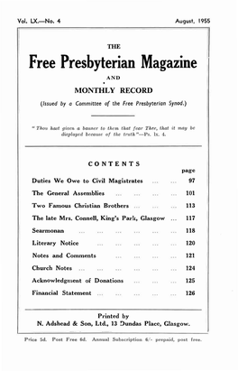 Free Presbyterian Magazine and MONTHLY RECORD (Issued by a Committee of the Free Presbyterian Synod.)