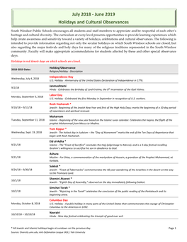 July 2018 ‐ June 2019 Holidays and Cultural Observances