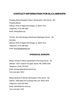 Contact Information for Elca Bishops