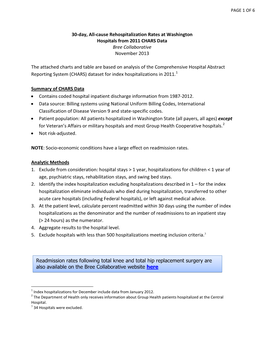 30-Day, All-Cause Rehospitalization Rates at Washington Hospitals from 2011 CHARS Data Bree Collaborative November 2013