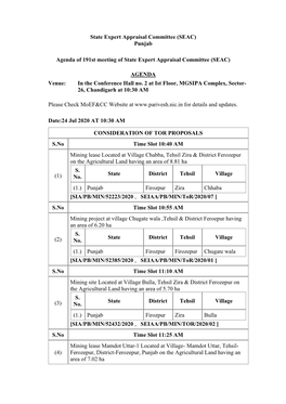 State Expert Appraisal Committee (SEAC) Punjab Agenda of 191St