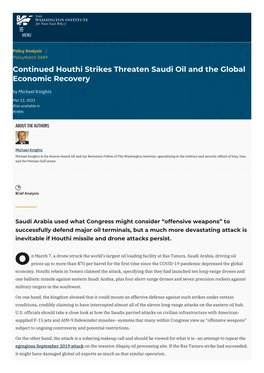 Continued Houthi Strikes Threaten Saudi Oil and the Global Economic Recovery by Michael Knights