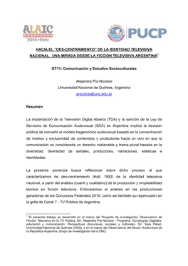 De La Identidad Televisiva Nacional. Una Mirada Desde La Ficción Televisiva Argentina1