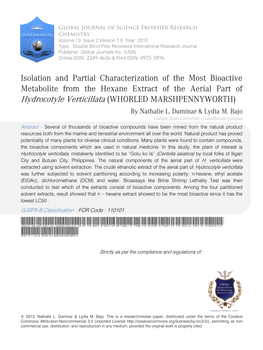 Isolation and Partial Characterization of the Most Bioactive Metabolite