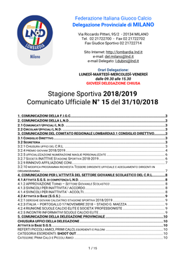 Stagione Sportiva 2018/2019 Comunicato Ufficiale N° 15 Del 31/10/2018