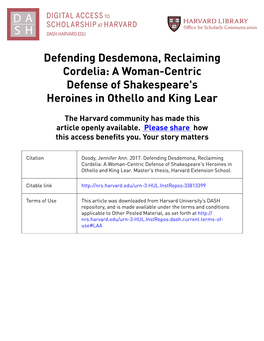 Defending Desdemona, Reclaiming Cordelia: a Woman-Centric Defense of Shakespeare's Heroines in Othello and King Lear