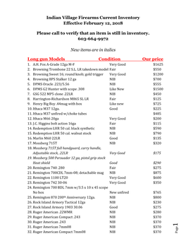 Indian Village Firearms Current Inventory Effective February 12, 2018