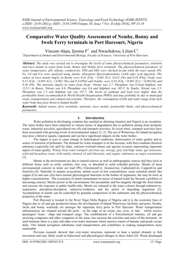 Comparative Water Quality Assessment of Nembe, Bonny and Iwofe Ferry Terminals in Port Harcourt, Nigeria