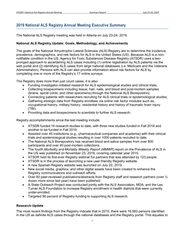 2019 National ALS Registry Annual Meeting Executive Summary