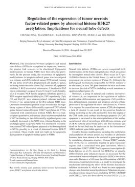 Regulation of the Expression of Tumor Necrosis Factor‑Related Genes by Abnormal Histone H3K27 Acetylation: Implications for Neural Tube Defects