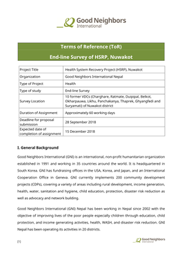 Terms of Reference (Tor) End-Line Survey of HSRP, Nuwakot
