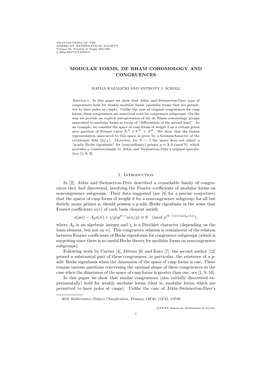 MODULAR FORMS, DE RHAM COHOMOLOGY and CONGRUENCES 1. Introduction in [2], Atkin and Swinnerton-Dyer Described a Remarkable Famil