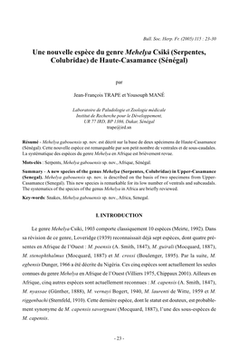 Une Nouvelle Espèce Du Genre Mehelya Csiki (Serpentes, Colubridae) De Haute-Casamance (Sénégal)