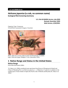 Helicana Japonica (A Crab, No Common Name) Ecological Risk Screening Summary