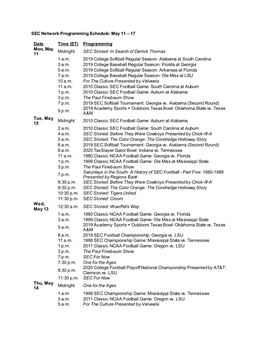 SEC Network Programming Schedule: May 11 – 17