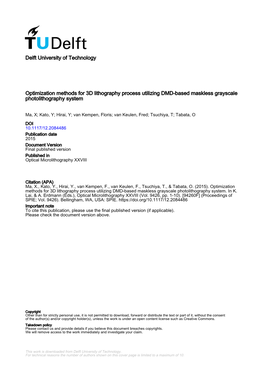 Optimization Methods for 3D Lithography Process Utilizing DMD-Based Maskless Grayscale Photolithography System