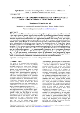 Determinants of Consumption Preference of Local Versus Imported Rice Brands in Enugu State, Nigeria