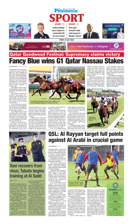 Fancy Blue Wins G1 Qatar Nassau Stakes the PENINSULA — WEST SUSSEX Third for Trainer Tom Das- a Five-Furlong Contest for Combe and Jockey Richard Three-Year-Olds