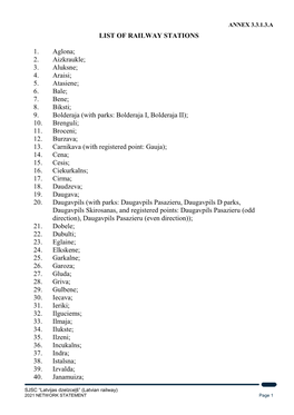 LIST of RAILWAY STATIONS 1. Aglona; 2. Aizkraukle; 3. Aluksne; 4. Araisi; 5. Atasiene; 6. Bale; 7. Bene; 8. Biksti; 9. Bolderaja