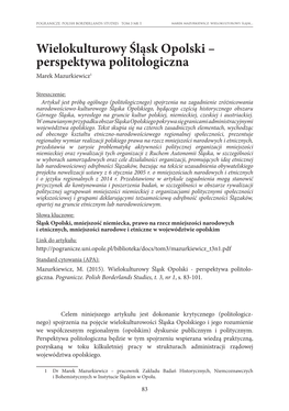 Wielokulturowy Śląsk Opolski – Perspektywa Politologiczna Marek Mazurkiewicz1