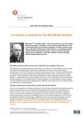 A Centenary to Celebrate for the Jules Bordet Institute!
