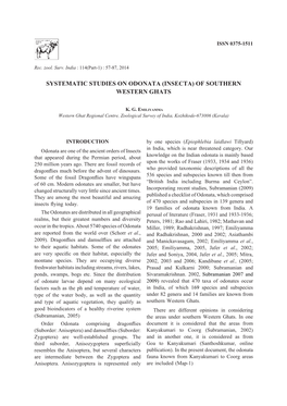 Systematic Studies on Odonata (Insecta) of Southern Western Ghats ISSN 0375-151157