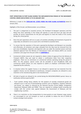 Port Operations in Port Klang During the Implementation Period of the Movement Control Order (Mco) from 13 to 26 January 2021