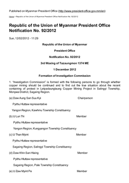 Republic of the Union of Myanmar President Office Notification No. 92/2012