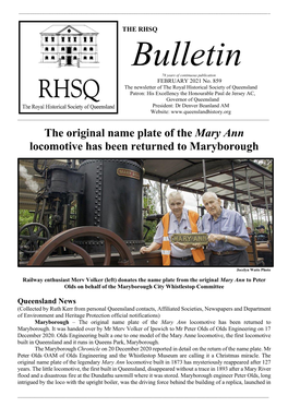 The Original Name Plate of the Mary Ann Locomotive Has Been Returned to Maryborough