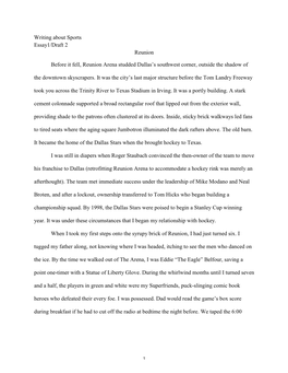 Writing About Sports Essay1/Draft 2 Reunion Before It Fell, Reunion Arena Studded Dallas's Southwest Corner, Outside the Shado