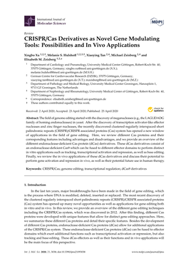 CRISPR/Cas Derivatives As Novel Gene Modulating Tools: Possibilities and in Vivo Applications