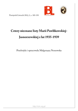 Cztery Nieznane Listy Marii Pawlikowskiej-Jasnorzewskiej Z Lat 1935–1939