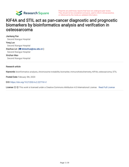 KIF4A and STIL Act As Pan-Cancer Diagnostic and Prognostic Biomarkers by Bioinformatics Analysis and Verifcation in Osteosarcoma