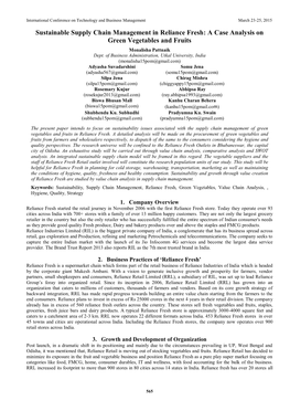 Sustainable Supply Chain Management in Reliance Fresh: a Case Analysis on Green Vegetables and Fruits Monalisha Pattnaik Dept