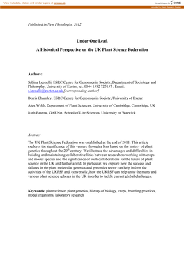 Under One Leaf. a Historical Perspective on the UK Plant