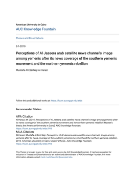 Perceptions of Al Jazeera Arab Satellite News Channel's Image Among Yemenis After Its News Coverage of the Southern Yemenis