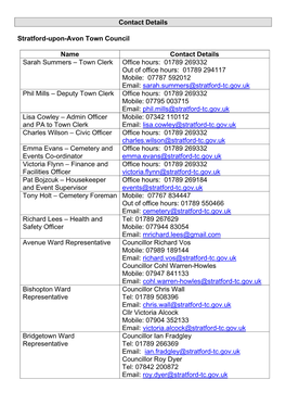 Contact Details Stratford-Upon-Avon Town Council Name Contact Details Sarah Summers – Town Clerk Office Hours: 01789 269332 O