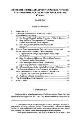 Nonprofit Hospital Billing of Uninsured Patients: Consumer-Based Class Actions Move to State Courts