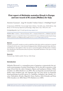 First Report of Melittobia Australica Girault in Europe and New Record of M