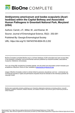 Amblyomma Americanum and Ixodes Scapularis (Acari: Ixodidae) Within the Capital Beltway and Associated Human Pathogens in Greenbelt National Park, Maryland (USA)